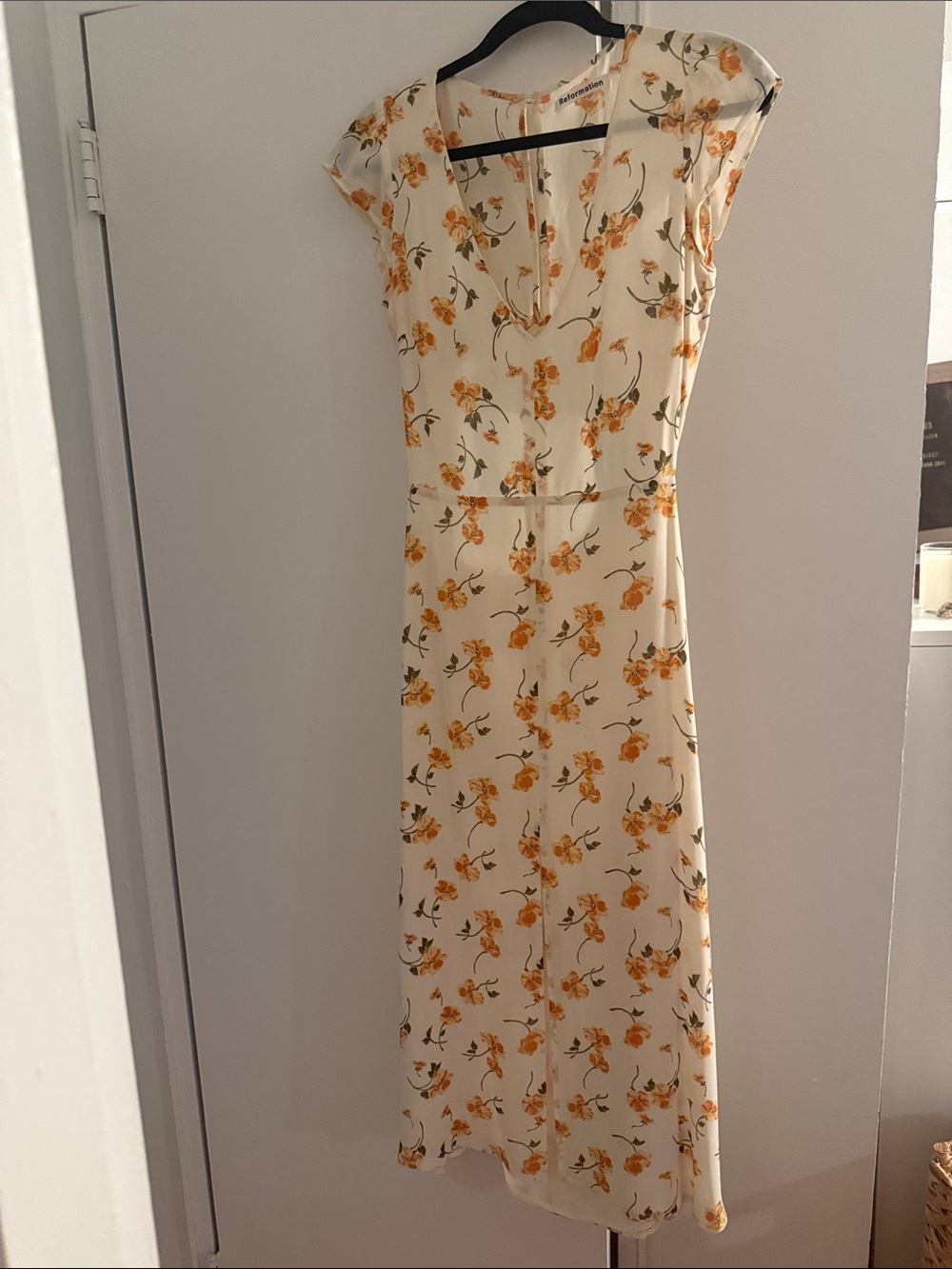 Reformation Cream Floral Midi Dress with Yellow-Orange Blooms - Picture 3 of 4